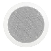 Round white speaker with perforated metal grille center and white outer ring.