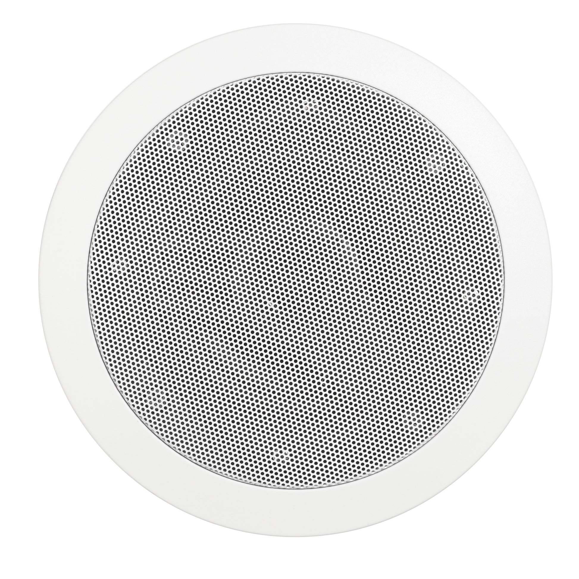 Round white speaker with perforated metal grille center and white outer ring.