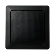 Black square audio speaker with rounded corners and metallic mesh grille center.