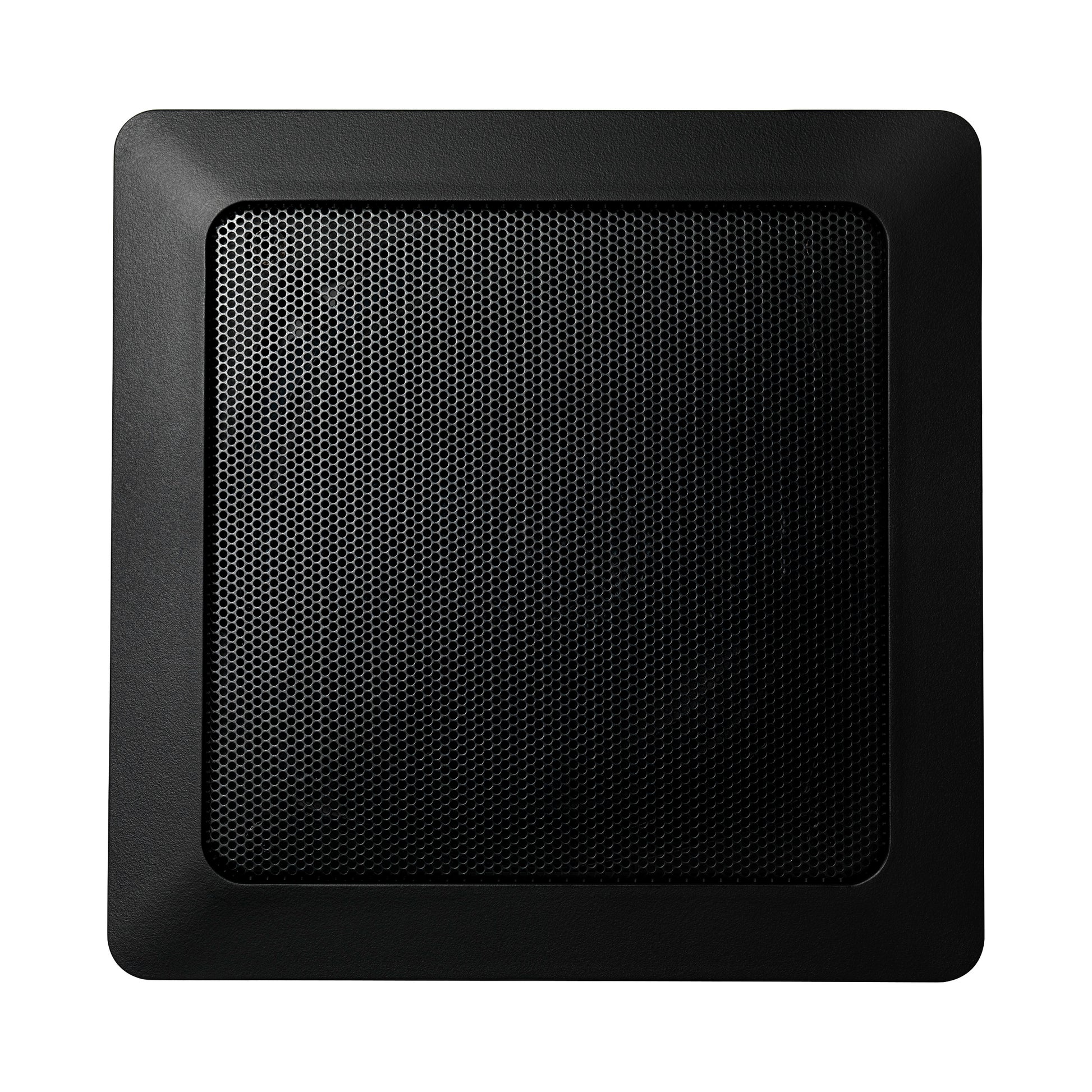 Black square audio speaker with rounded corners and metallic mesh grille center.
