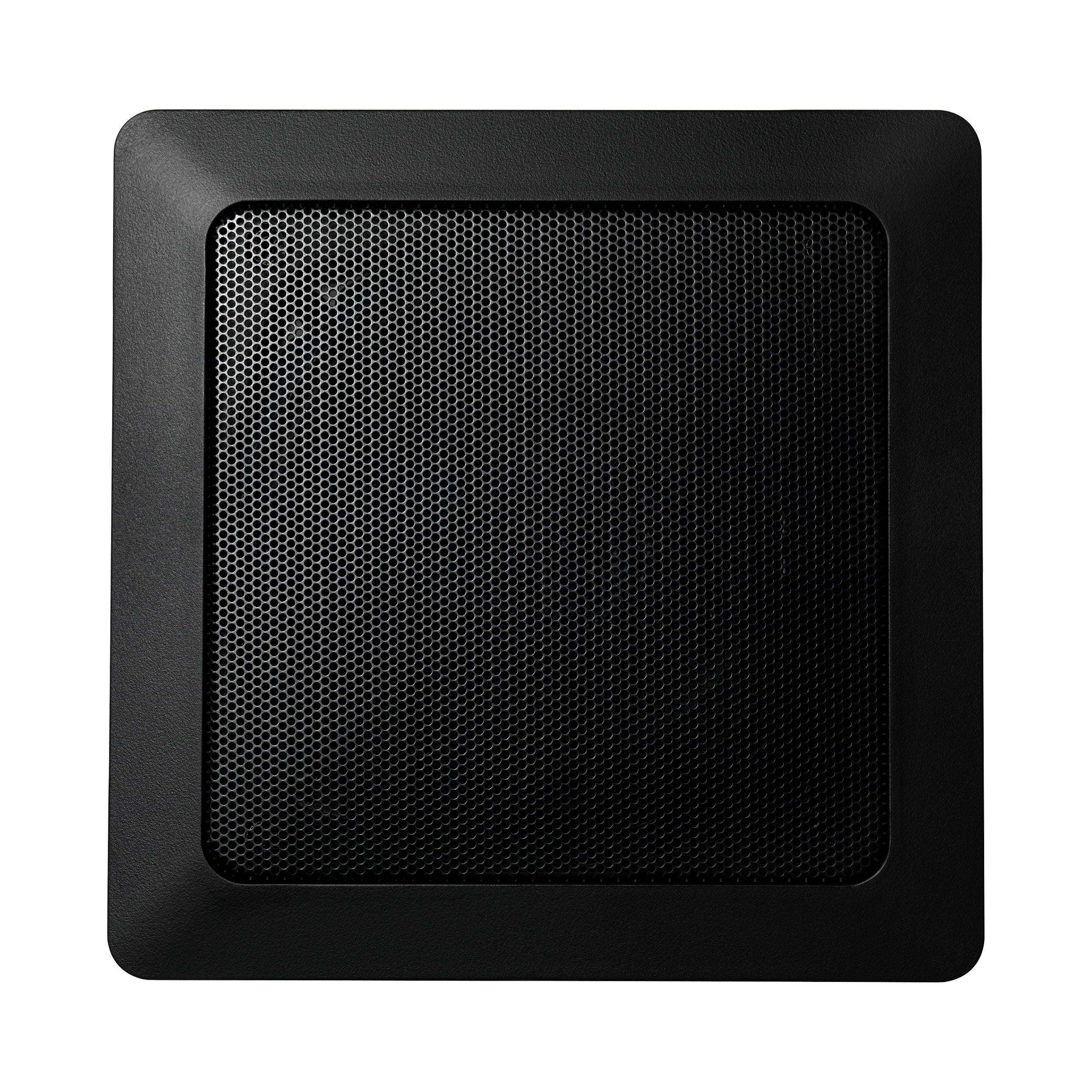 Black square audio speaker with rounded corners and metallic mesh grille center.