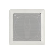 White square speaker with perforated metal mesh grille and rounded corners.