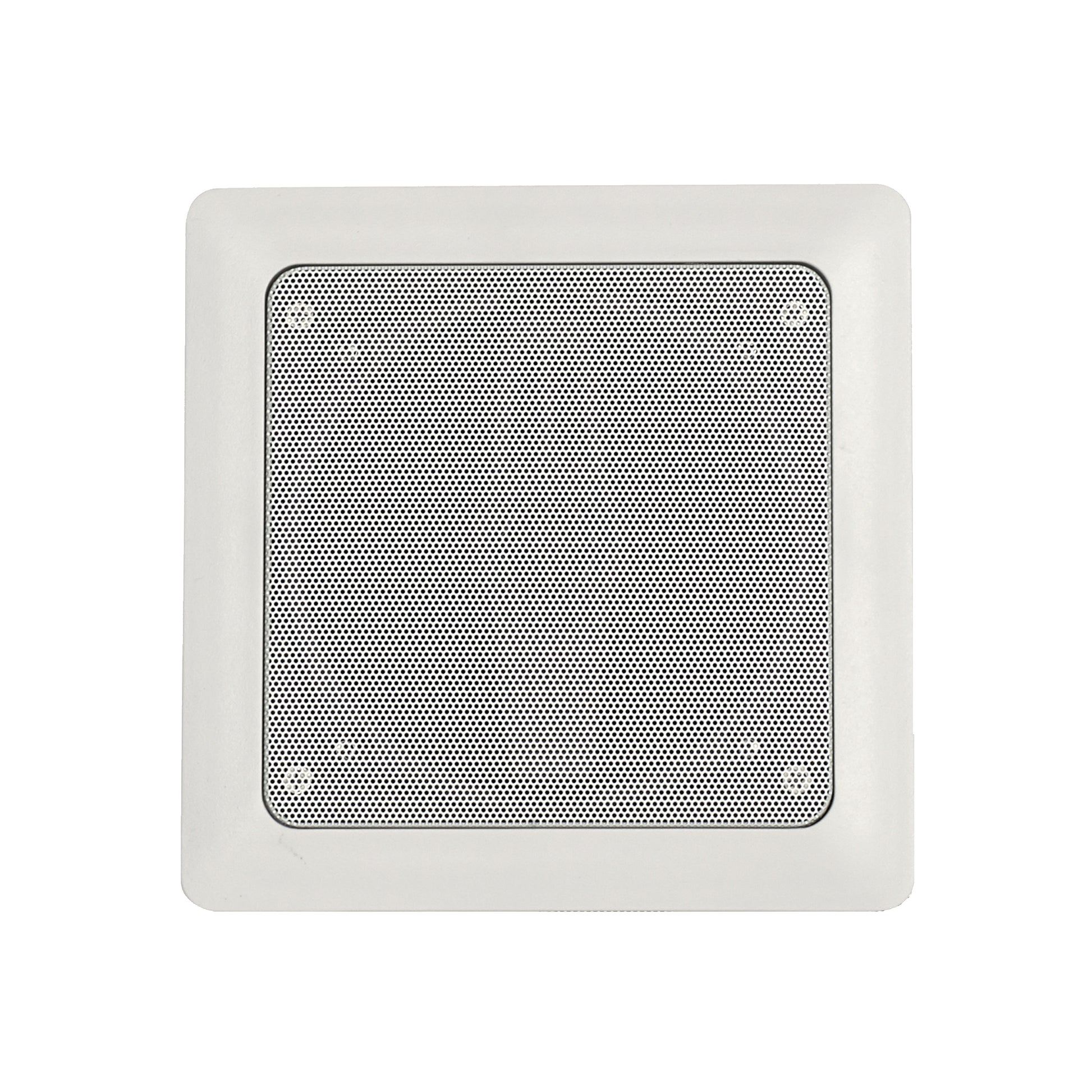 White square speaker with perforated metal mesh grille and rounded corners.