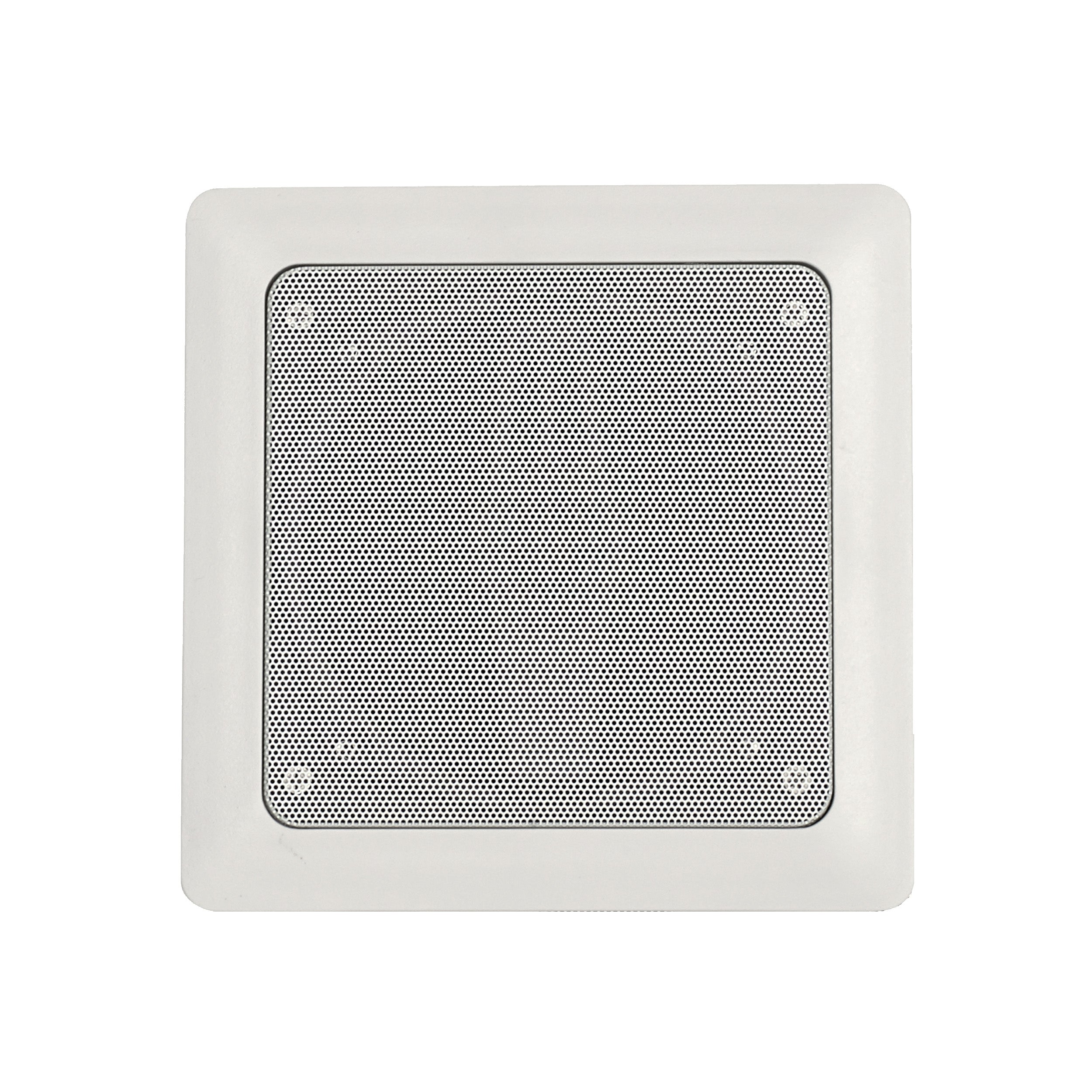 White square speaker with perforated metal mesh grille and rounded corners.