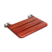 Wall-mounted shower seat with wooden seat and brushed nickel metal brackets on both sides.