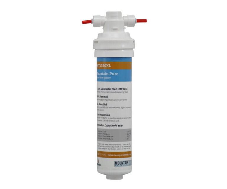 White cylindrical carbon water filter with red inlet/outlet connectors and blue/tan label showing MT1250XL model number.