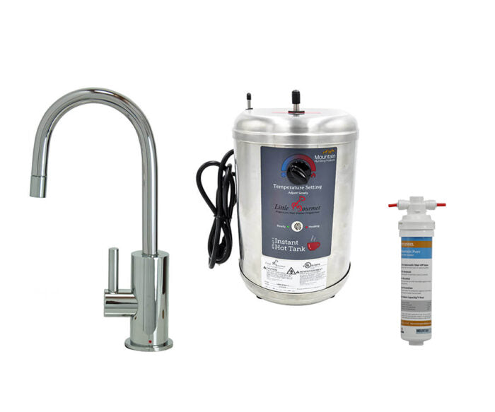 Venetian bronze mini hot water dispenser faucet with stainless steel heating tank and filtration cartridge.