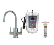 Oil rubbed bronze two-handle mini dispenser faucet with stainless steel heating tank and water filter cartridge.