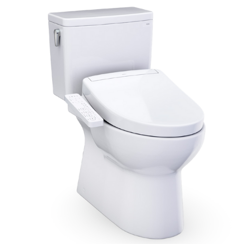 White two-piece elongated toilet with attached bidet seat and tank on white background.