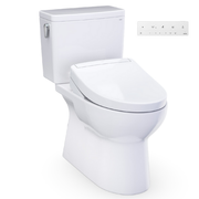 White two-piece elongated toilet with bidet seat, tank, and electronic control panel.