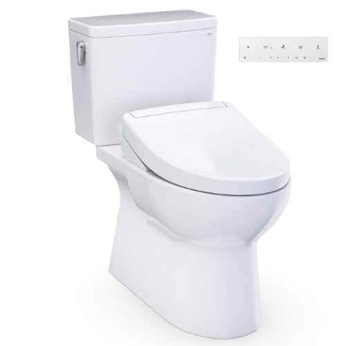 White two-piece elongated toilet with bidet seat, tank, and electronic control panel.