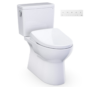White two-piece elongated toilet with bidet seat, tank, and electronic control panel.