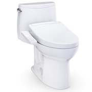 White one-piece elongated toilet with attached bidet seat featuring control panel on side.