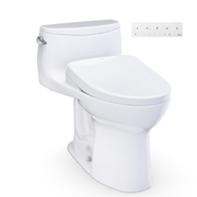 White one-piece elongated toilet with attached bidet seat and electronic control panel on white background.