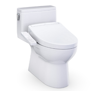 White one-piece elongated toilet with integrated bidet seat and control panel on side.