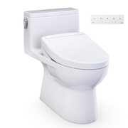 White elongated one-piece toilet with integrated bidet seat and remote control panel.