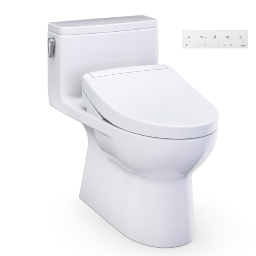 White elongated one-piece toilet with integrated bidet seat and control panel.