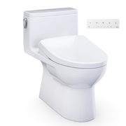 White one-piece elongated toilet with integrated bidet seat, control panel, and tank.