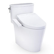 White one-piece elongated toilet with integrated bidet seat and control panel on the side.