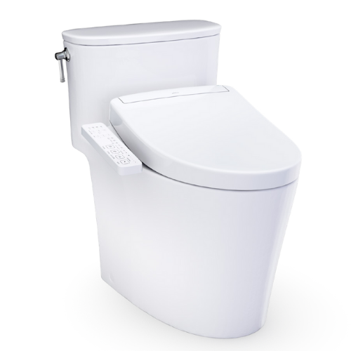 White one-piece elongated toilet with integrated bidet seat and control panel on the side.