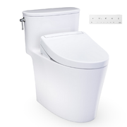 White one-piece elongated toilet with attached bidet seat and electronic control panel.