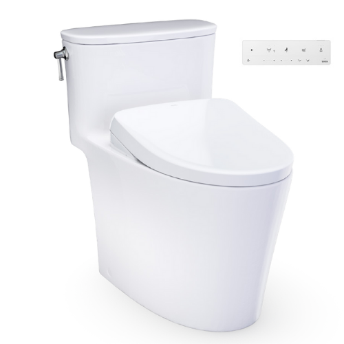White one-piece elongated toilet with integrated bidet seat and electronic control panel mounted on wall.
