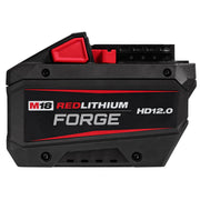 Black and red Milwaukee M18 REDLITHIUM FORGE HD12.0 battery pack with red handle and connector terminals.