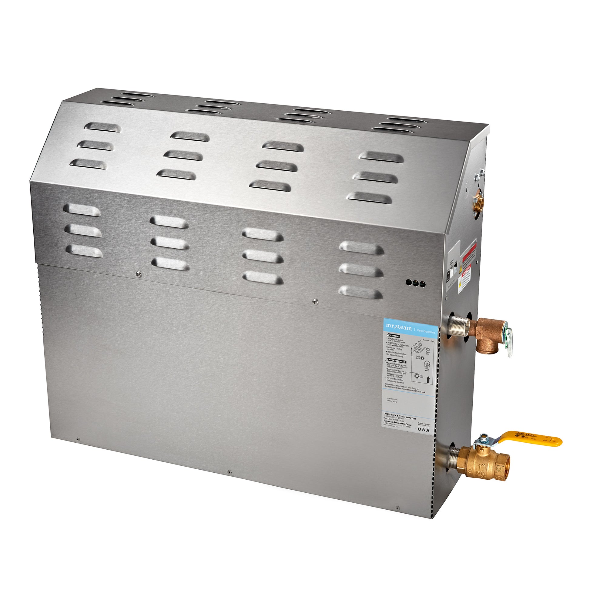 Stainless steel steam generator unit with ventilation slots, control panel, and brass pipe connections on side.