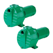 Two green Myers QP15 sprinkler pump units with motor housings and intake ports.