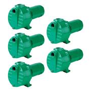 Five green centrifugal sprinkler pumps with motor housings and intake ports.