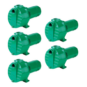 Five green Myers QP20 centrifugal sprinkler pumps with horizontal discharge ports and motor couplings.