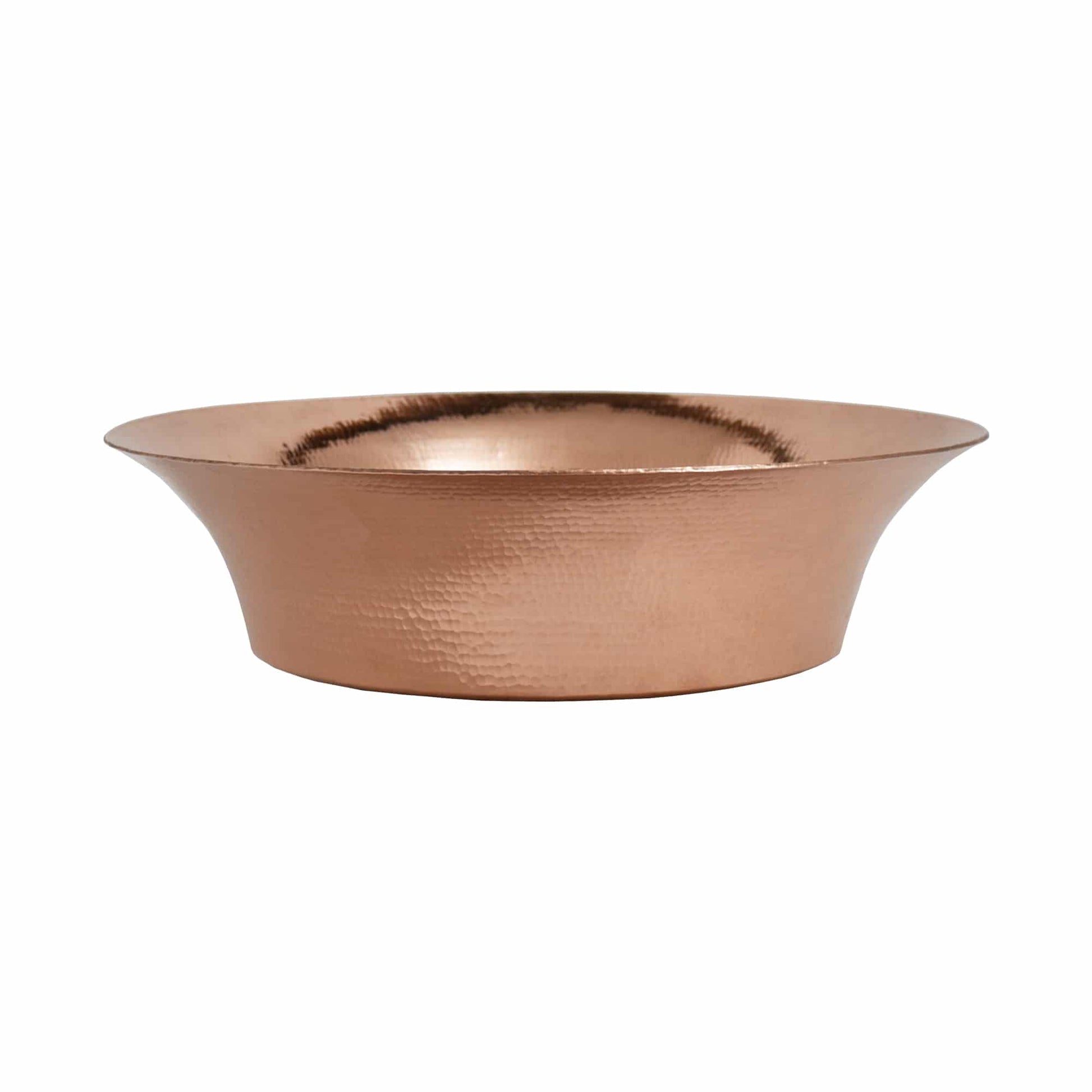 Polished copper vessel with wide oval rim and hammered texture finish.
