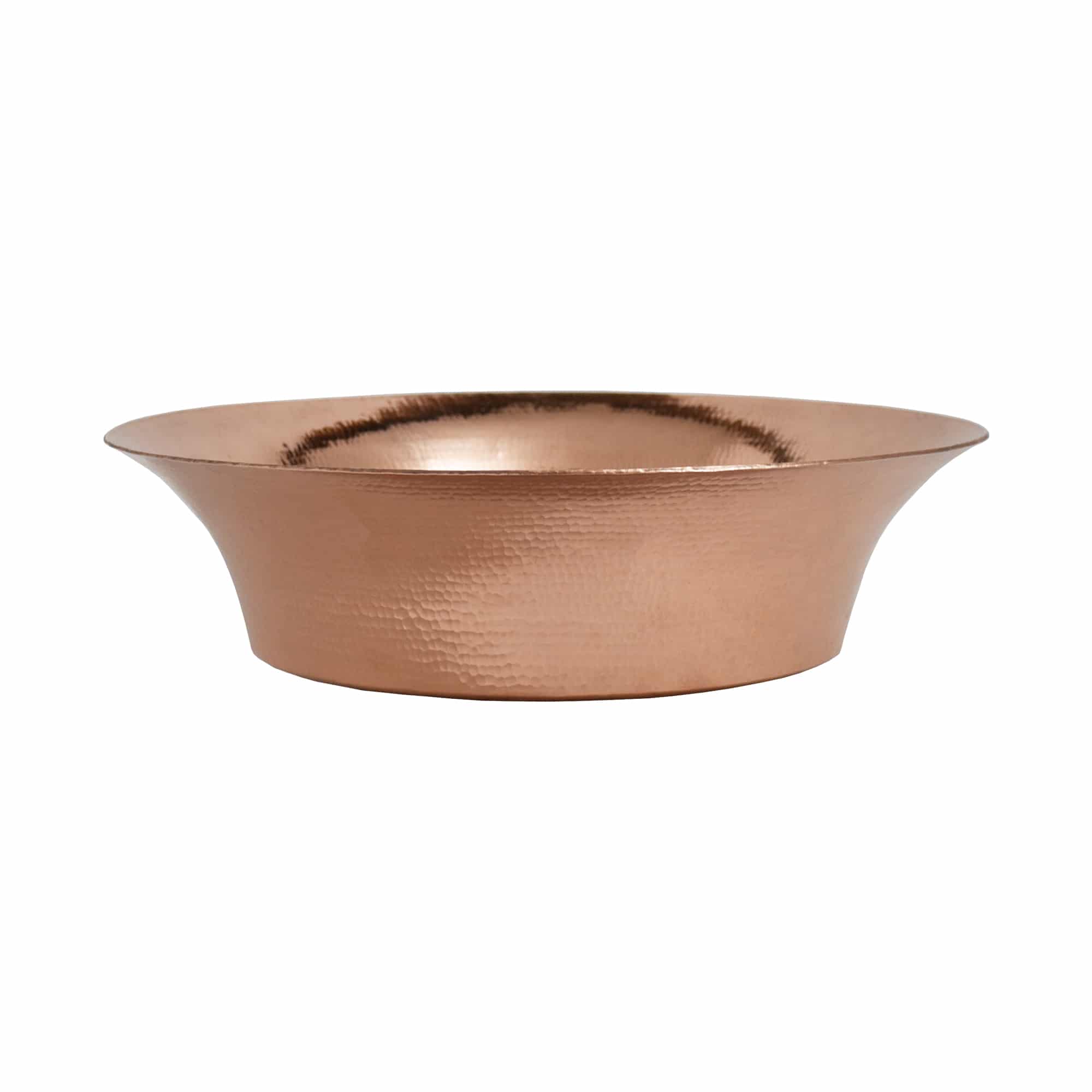 Polished copper vessel with wide oval rim and hammered texture finish.