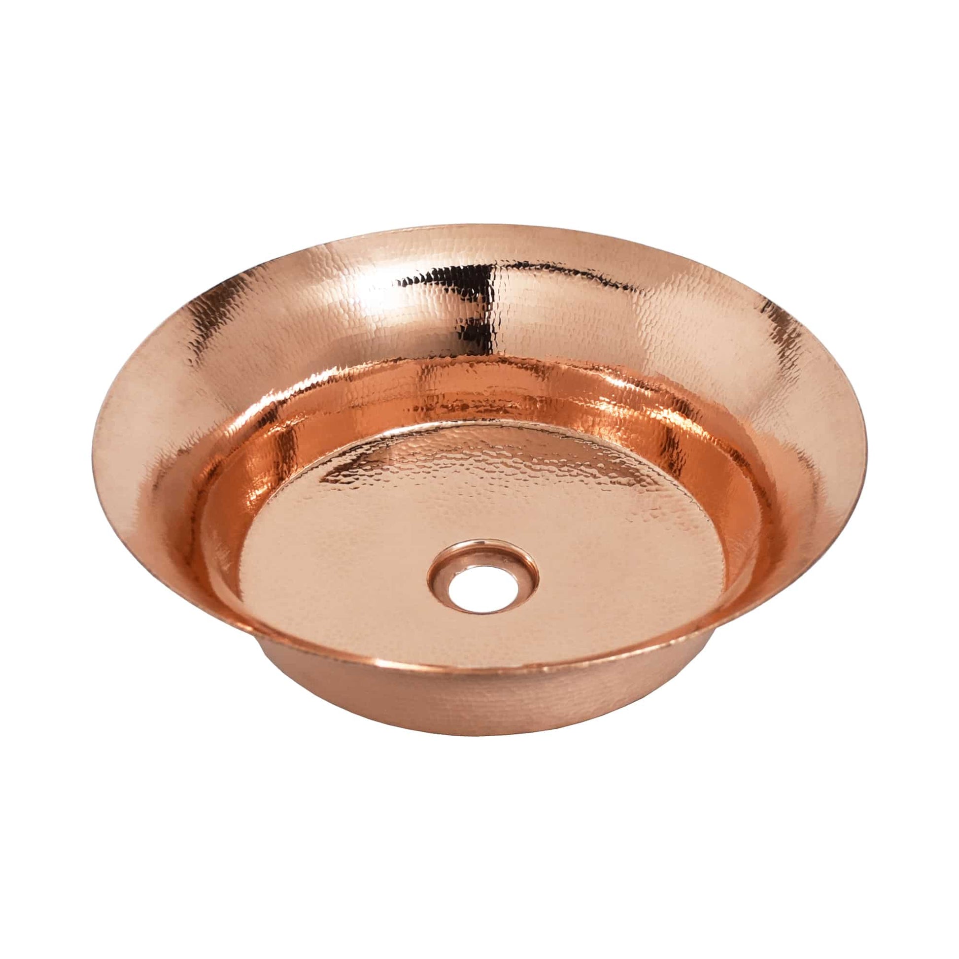 Polished copper round undermount sink with textured interior surface and center drain opening.