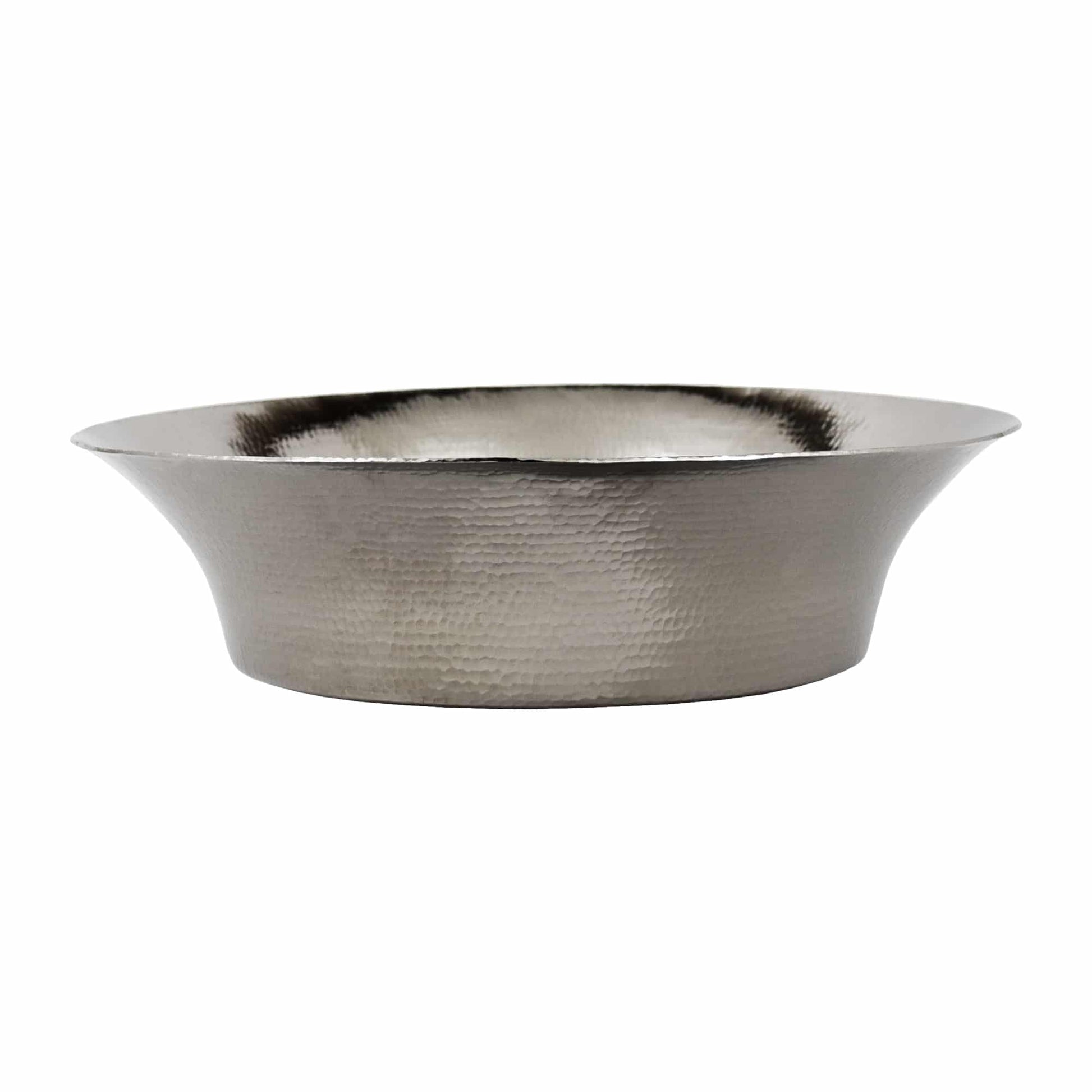 Polished nickel bathroom basin with hammered texture and flared rim.
