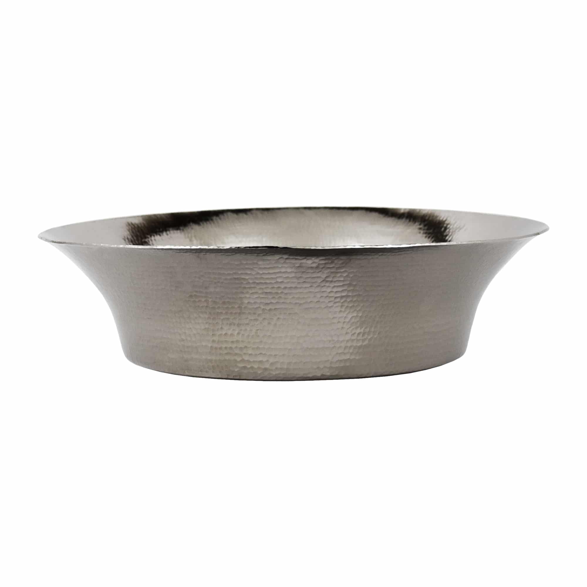 Polished nickel bathroom basin with hammered texture and flared rim.
