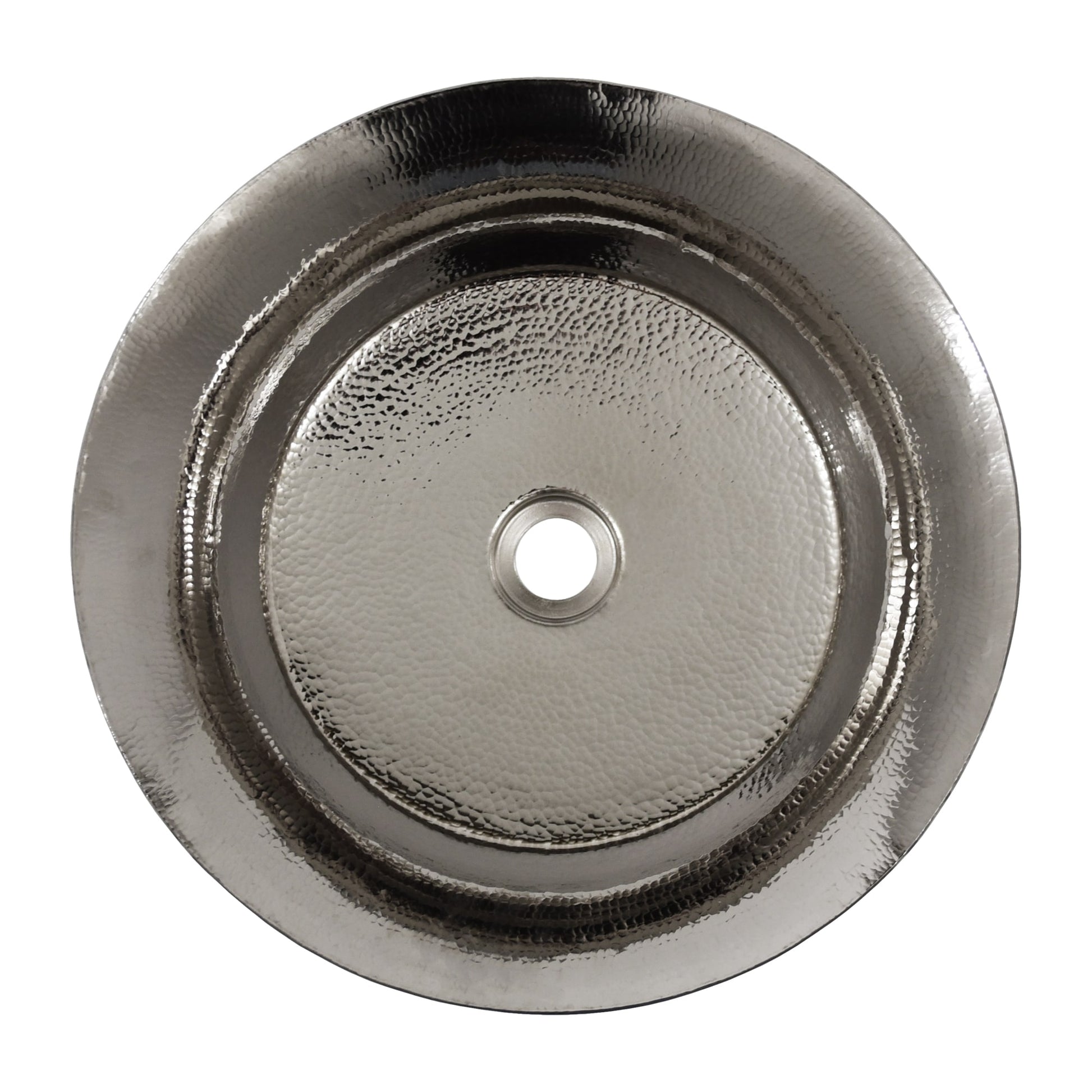 Polished nickel round undermount sink with hammered texture and center drain opening, viewed from above.