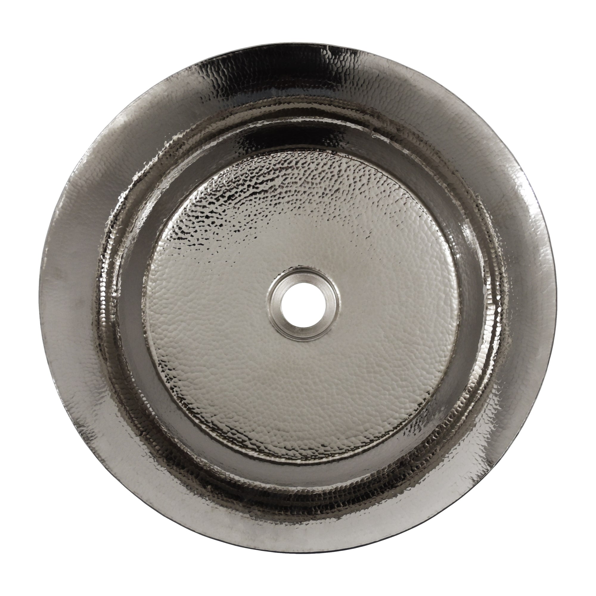 Polished nickel round undermount sink with hammered texture and center drain opening, viewed from above.