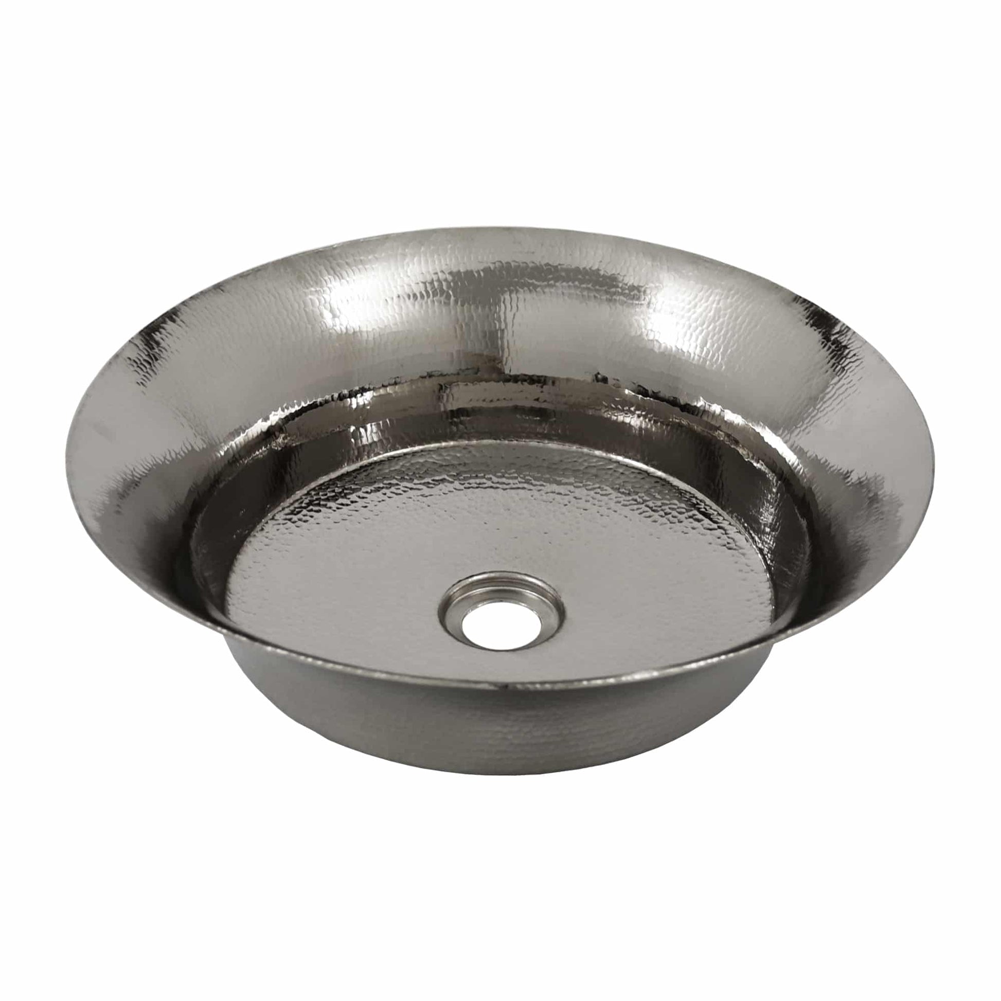 Polished nickel round vessel sink with hammered texture and centered drain hole.