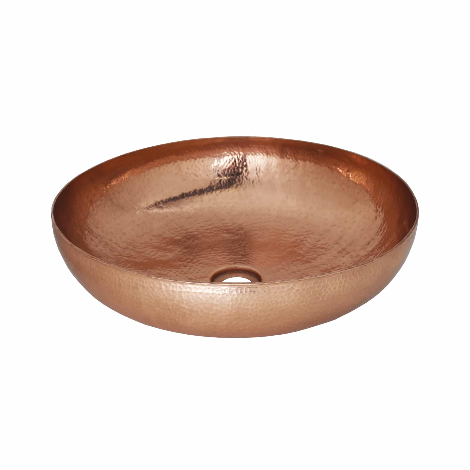Polished copper vessel sink with hammered texture finish and single drain hole.