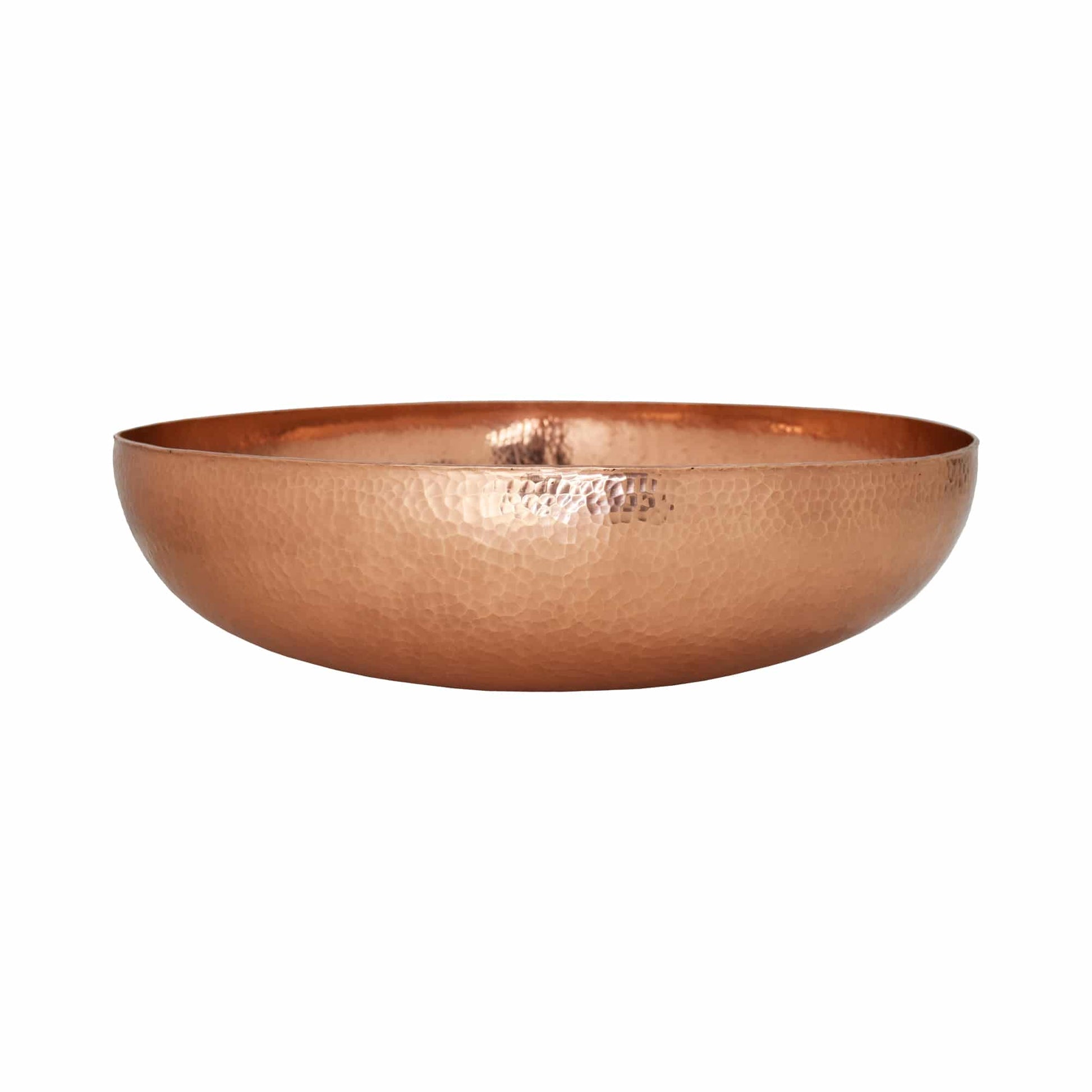 Polished copper vessel with a shallow bowl shape and hammered texture throughout.