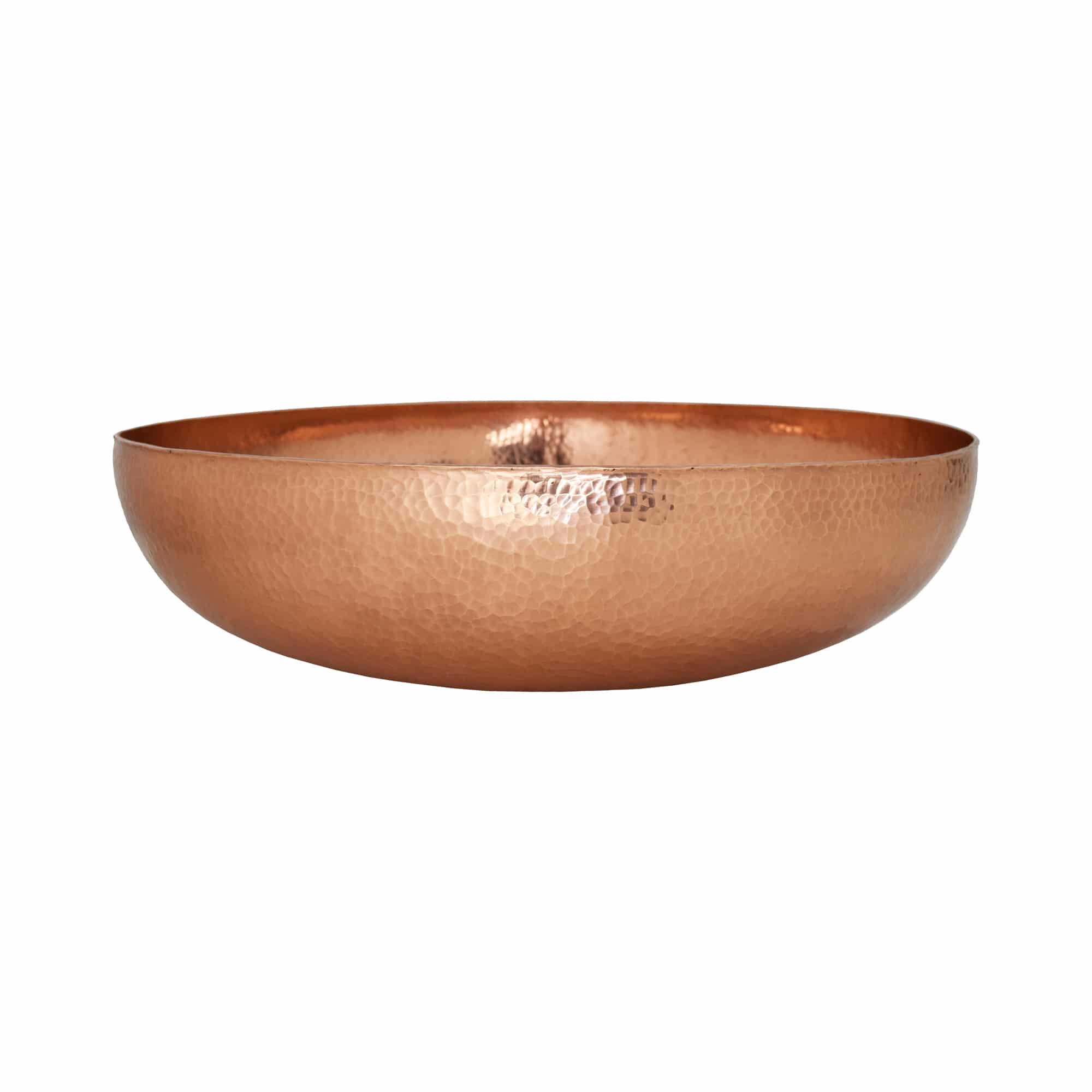 Polished copper vessel with a shallow bowl shape and hammered texture throughout.