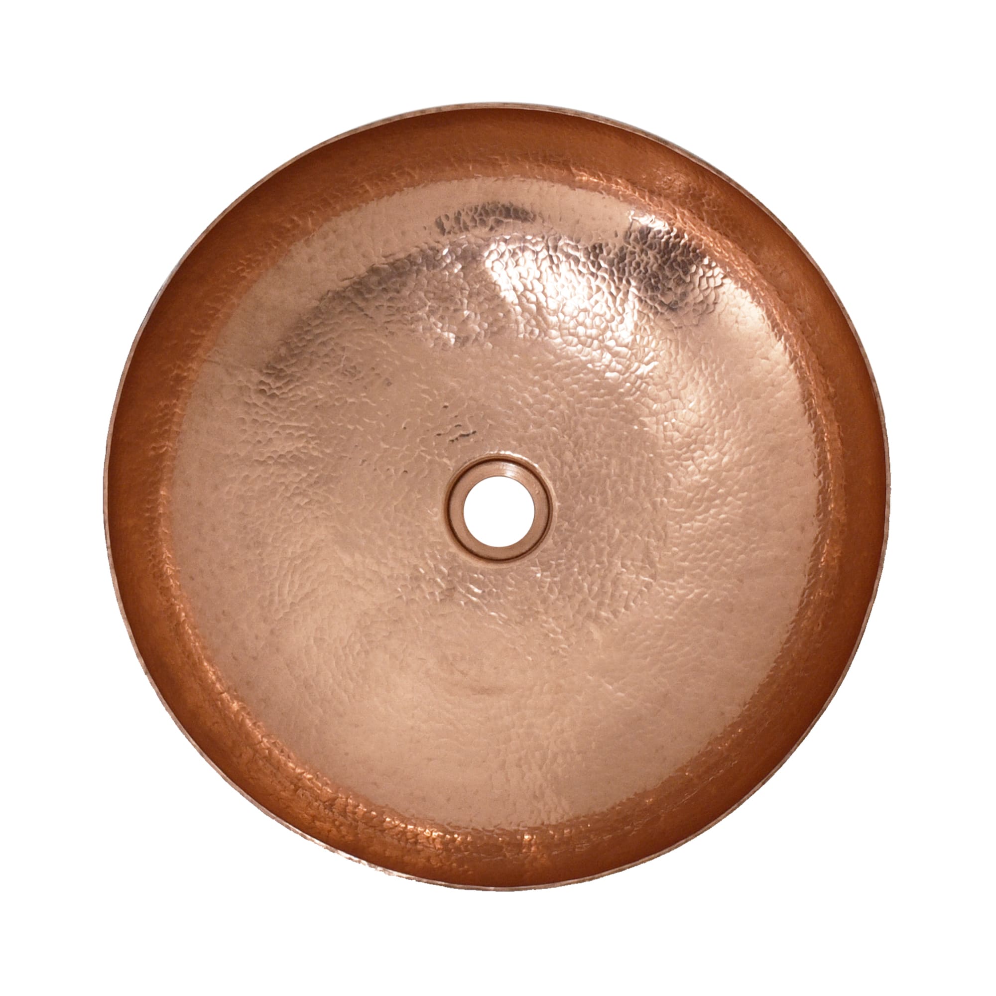 Polished copper round sink basin with textured surface and center drain hole, top view.