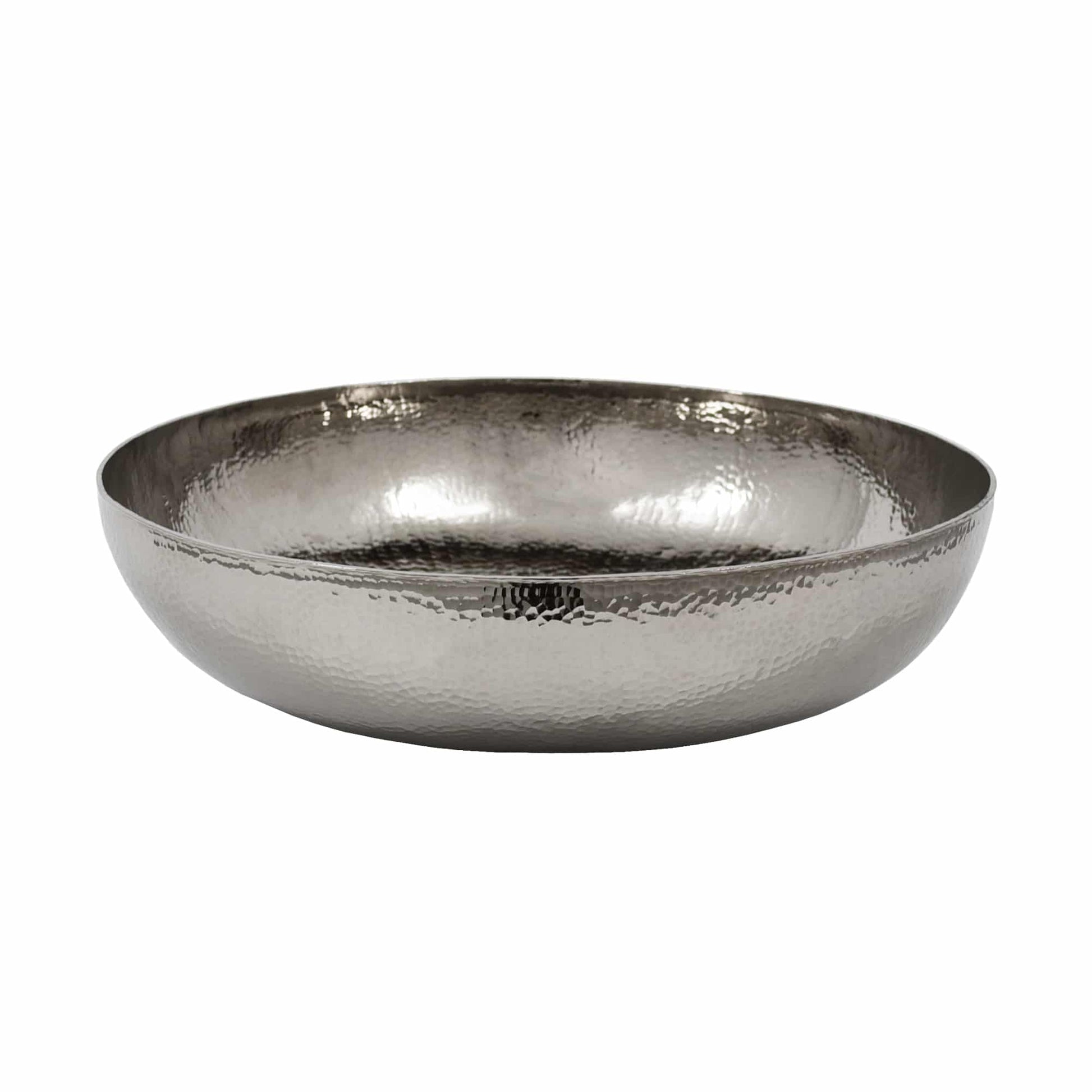 Polished nickel vessel sink with hammered texture and wide shallow bowl shape.