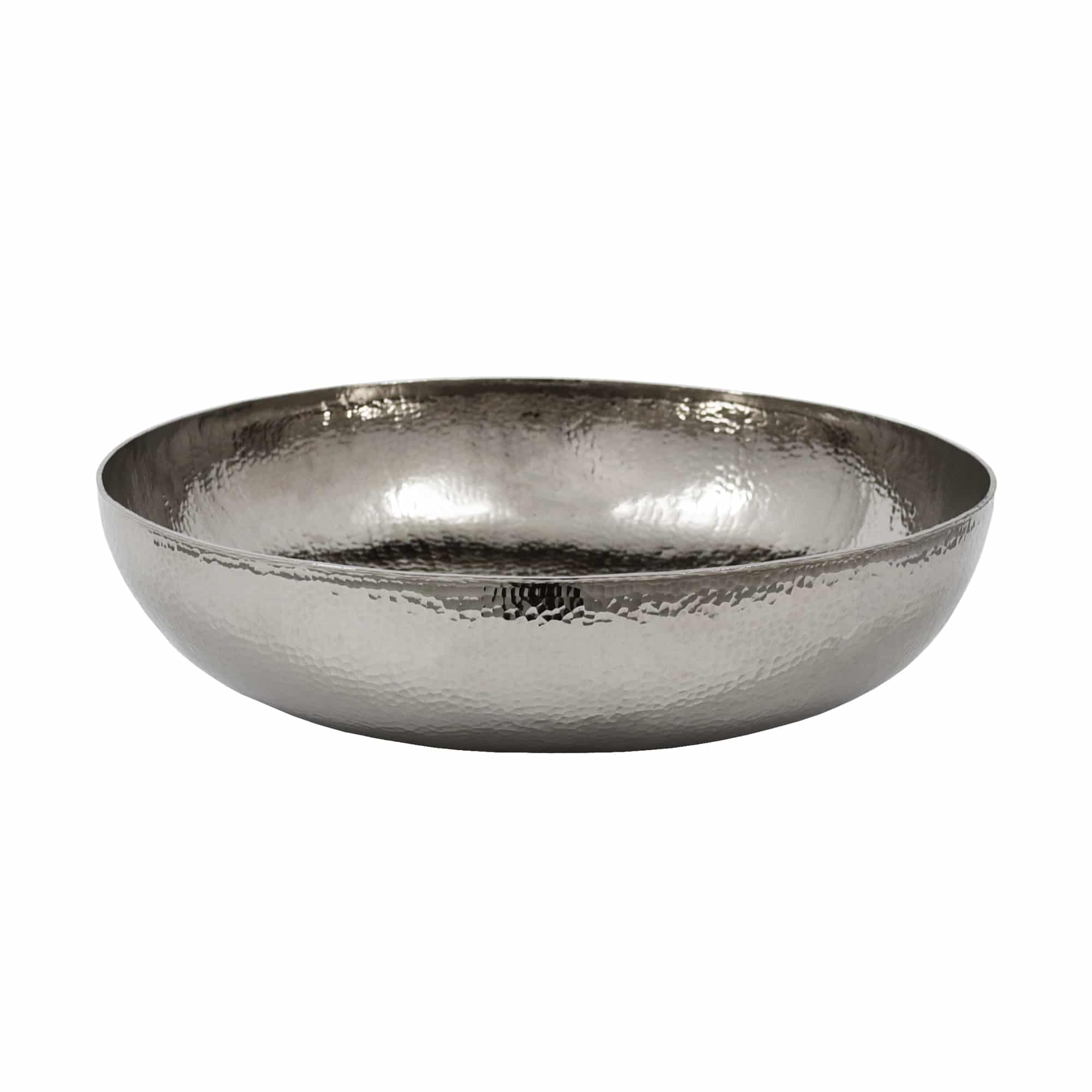 Polished nickel vessel sink with hammered texture and wide shallow bowl shape.