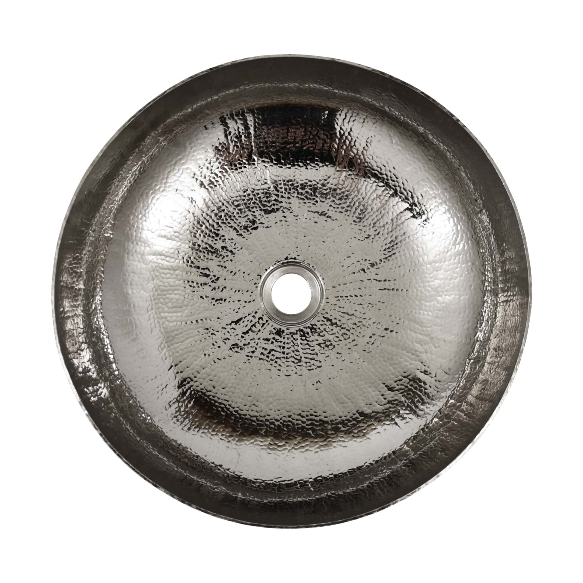 Polished nickel round sink with hammered texture and center drain opening, viewed from above.