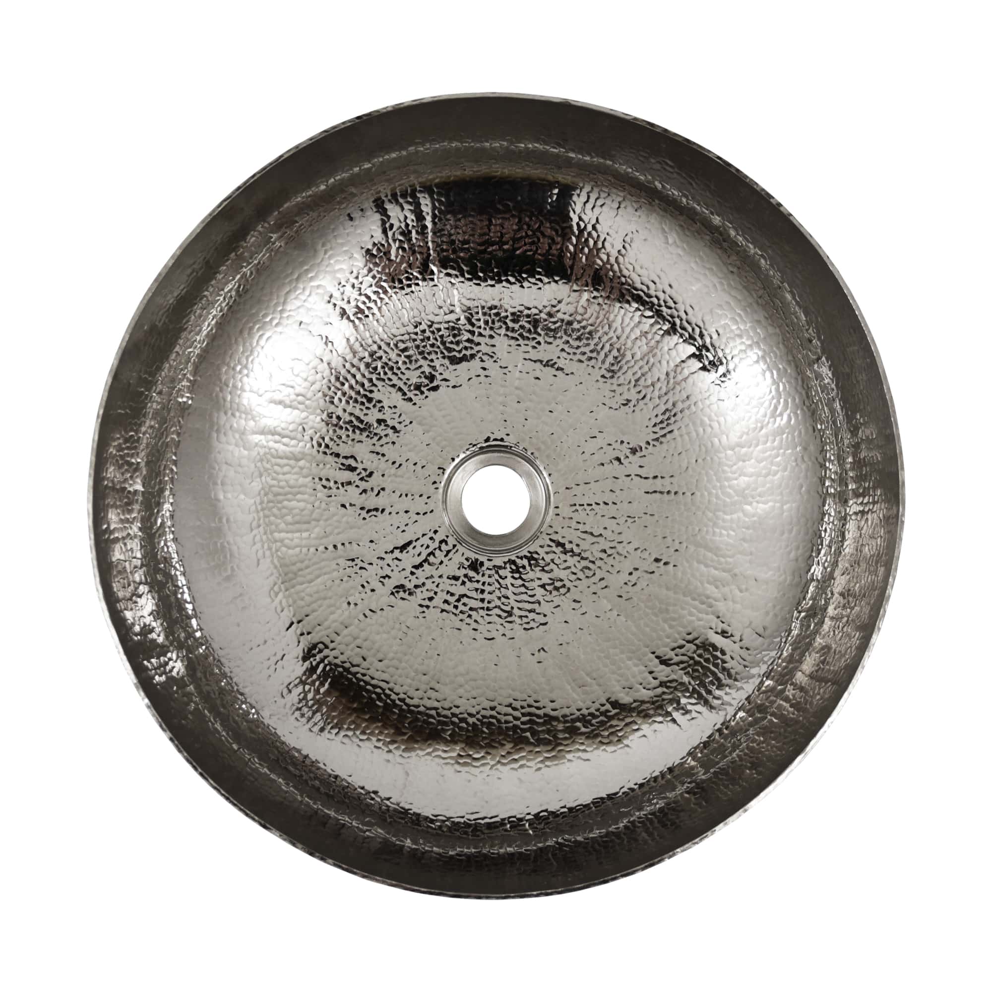 Polished nickel round sink with hammered texture and center drain opening, viewed from above.