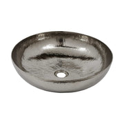 Polished nickel bowl sink with hammered texture and single drain hole.