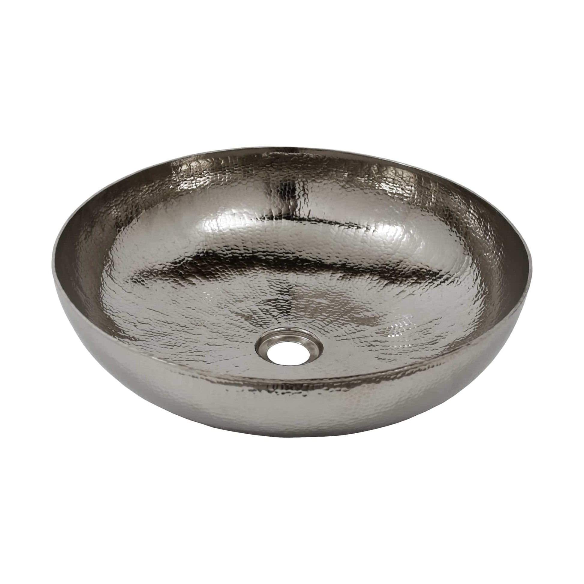 Polished nickel bowl sink with hammered texture and single drain hole.