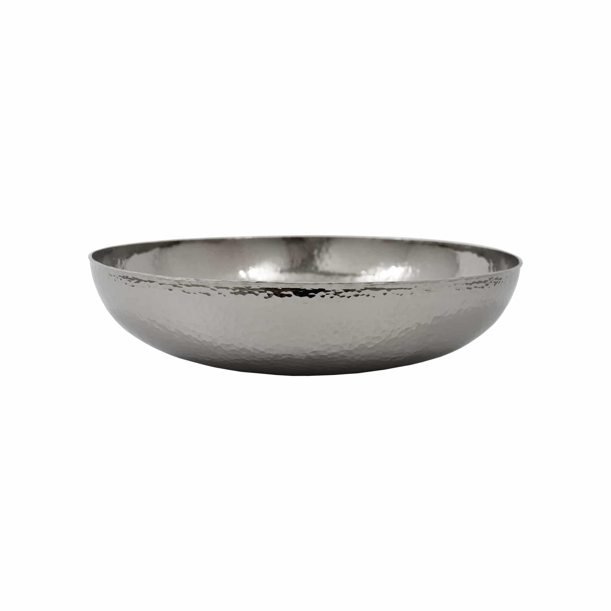 Polished nickel vessel sink with hammered surface texture and wide shallow bowl shape.